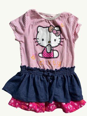 Hello Kitty Girls Pink Striped T-Shirt Dress With Denim & Ruffled Skirt Size 5